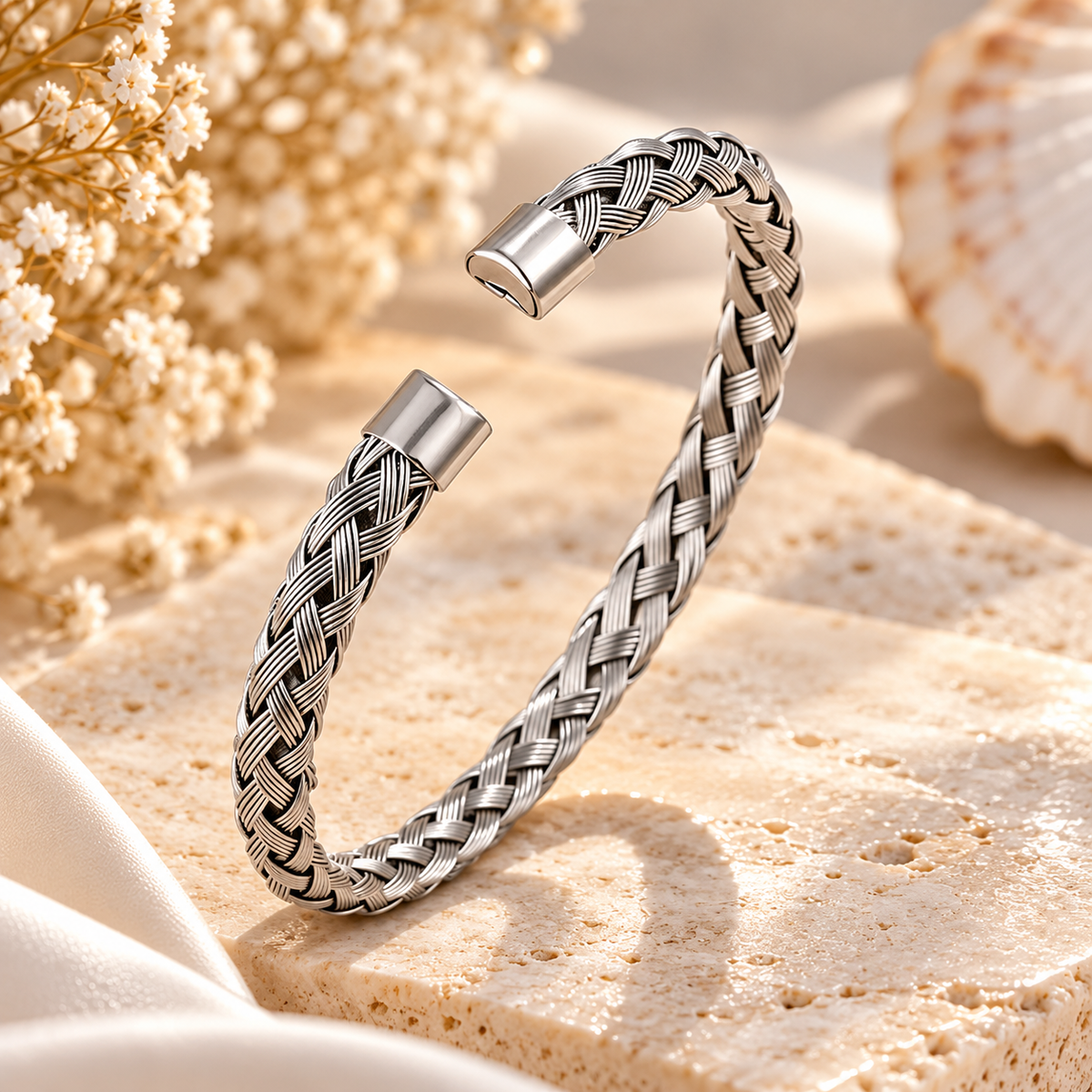 Silver Braided Rope Cuff Bracelet