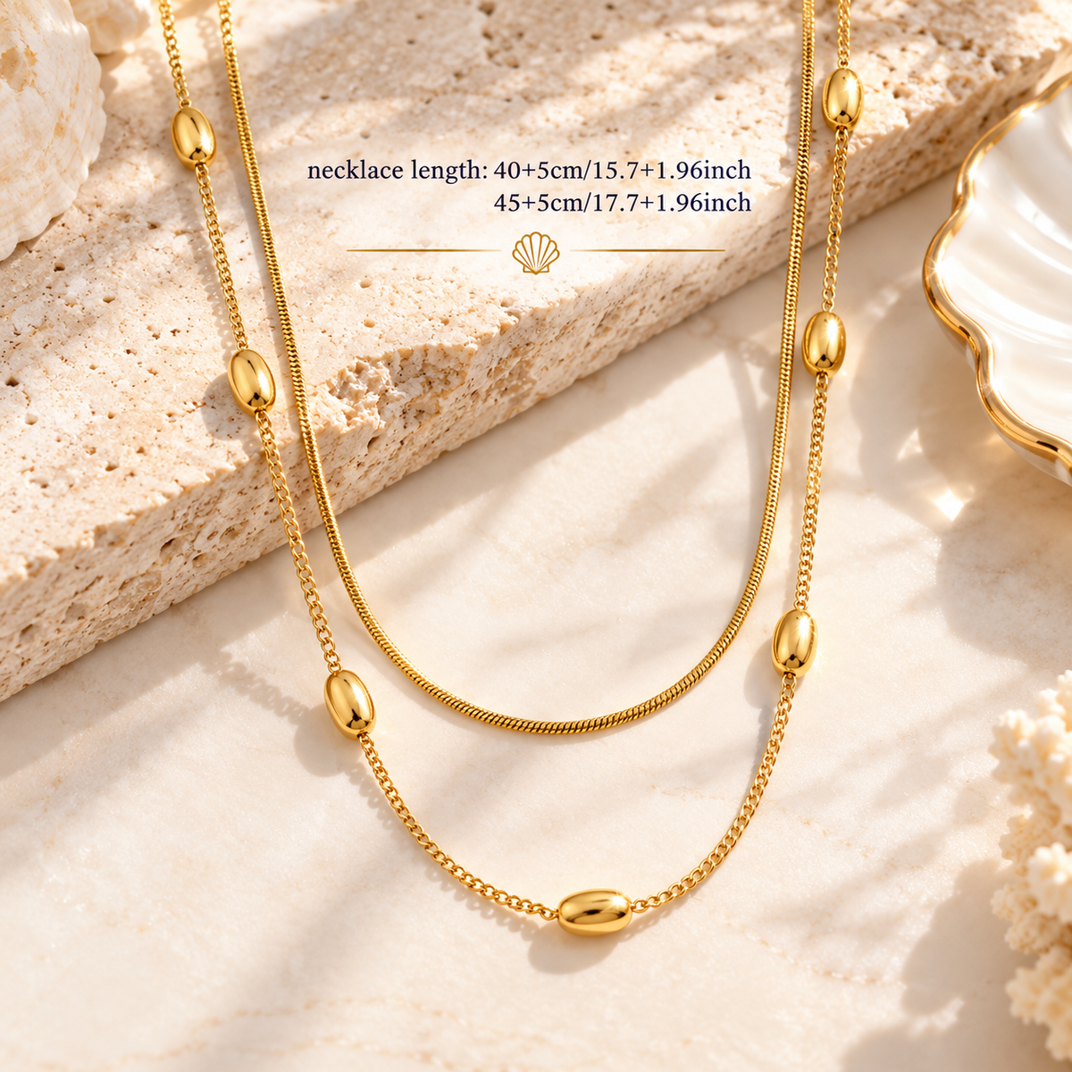 Elegant Layered Oval Bead Necklace Set – Gold & Silver