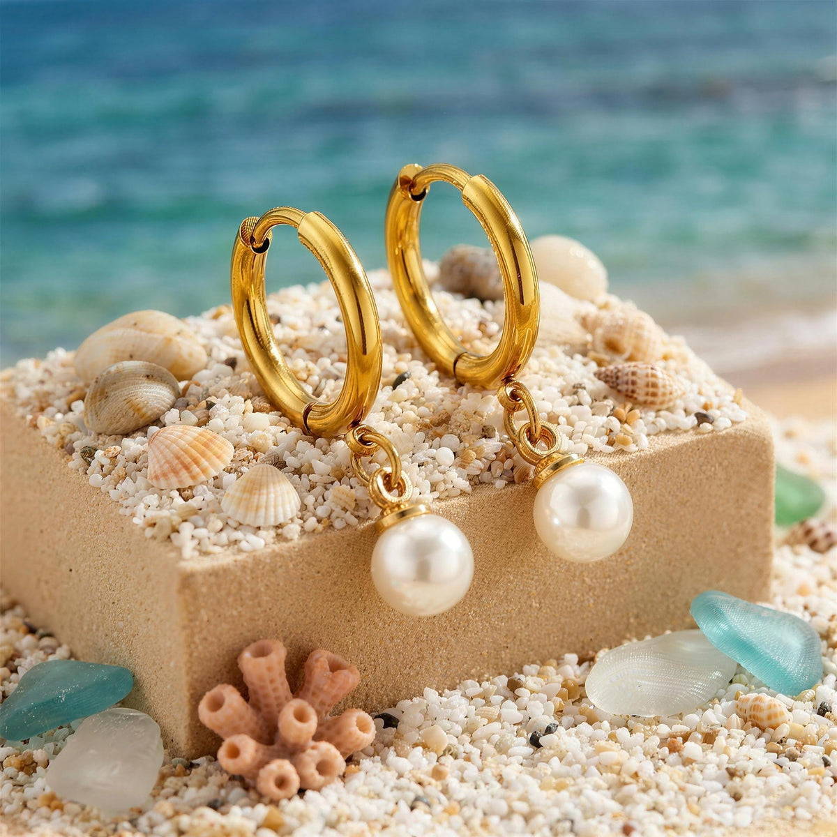 Medium baroque pearl drop hoop earrings on sand