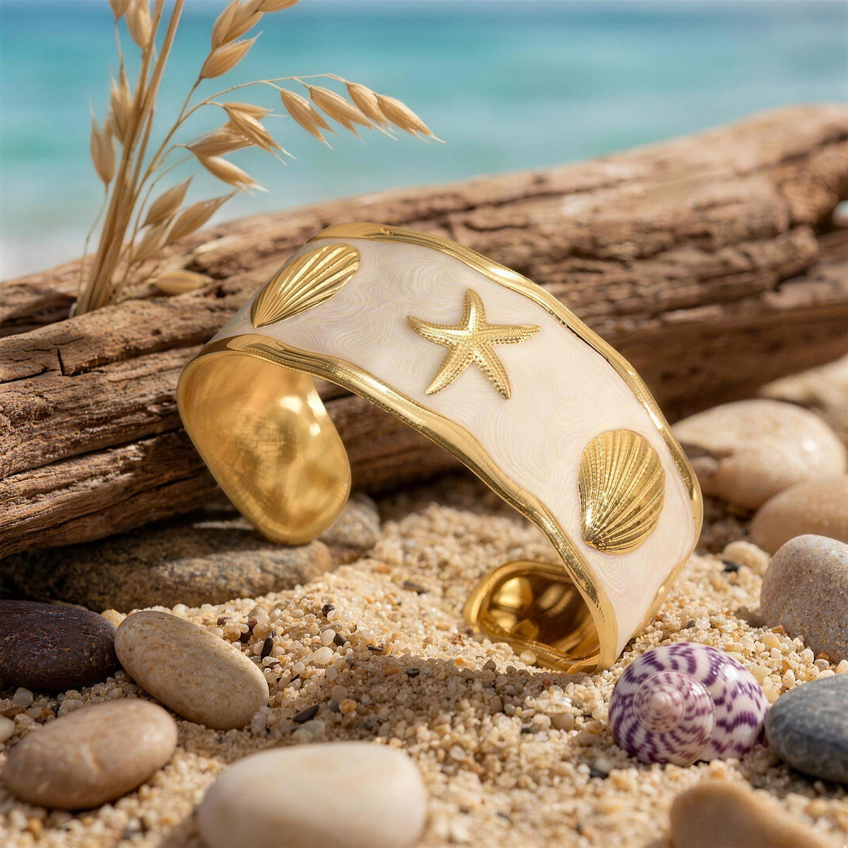 Starfish & Seashell Enamel Cuff – White