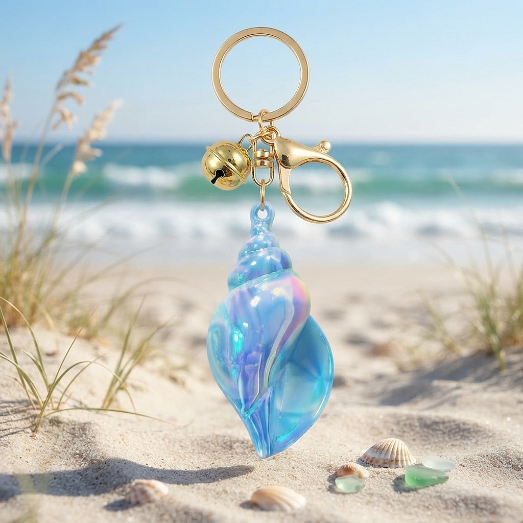 Light blue marbled conch keychain in beach grass