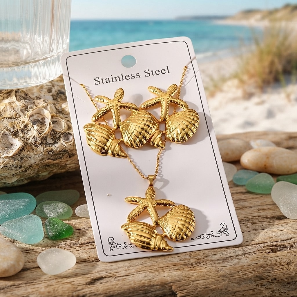 Gold starfish, scallop and seashell earrings and necklace set on a card by the sea