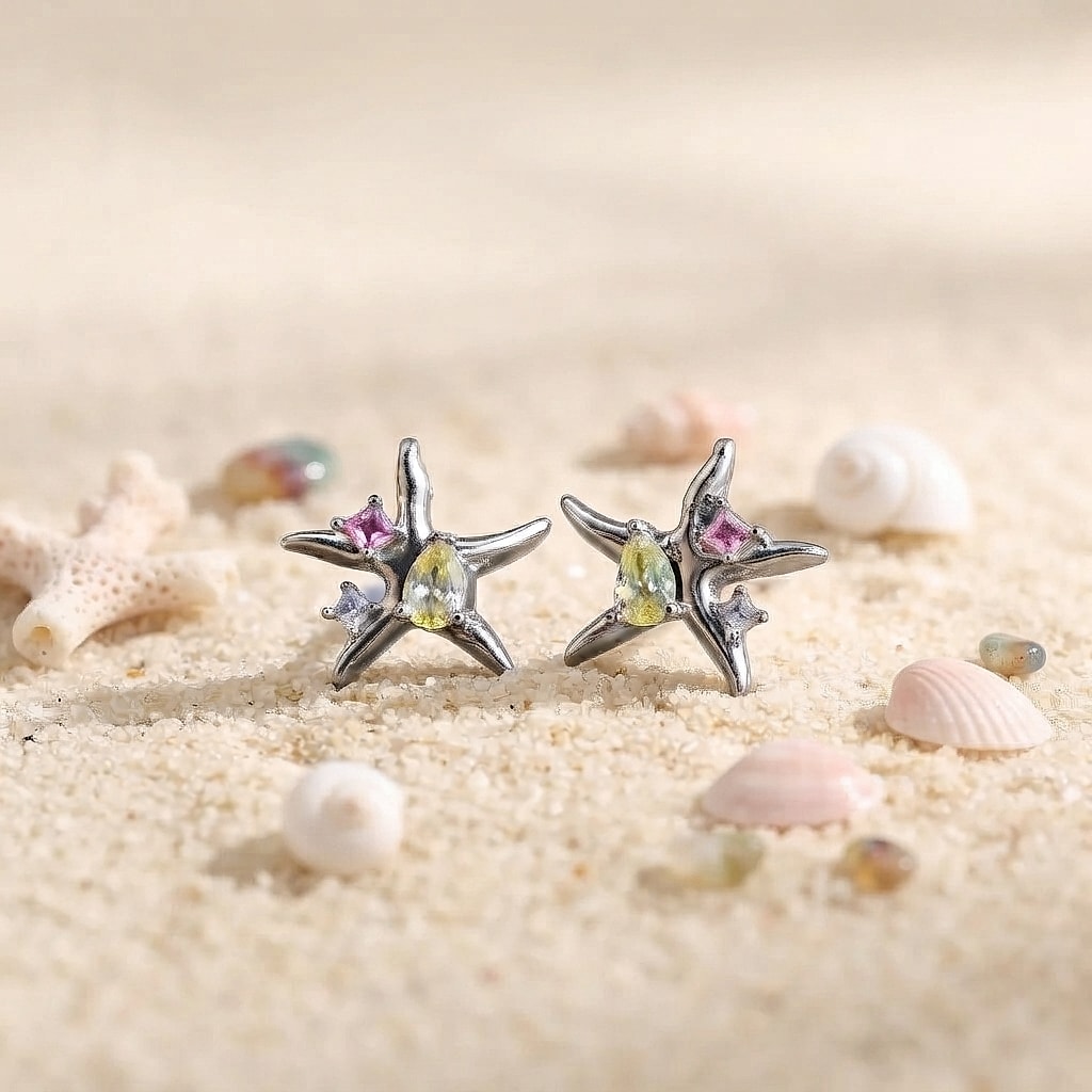 Silver starfish stud earrings with pastel zircon on sand