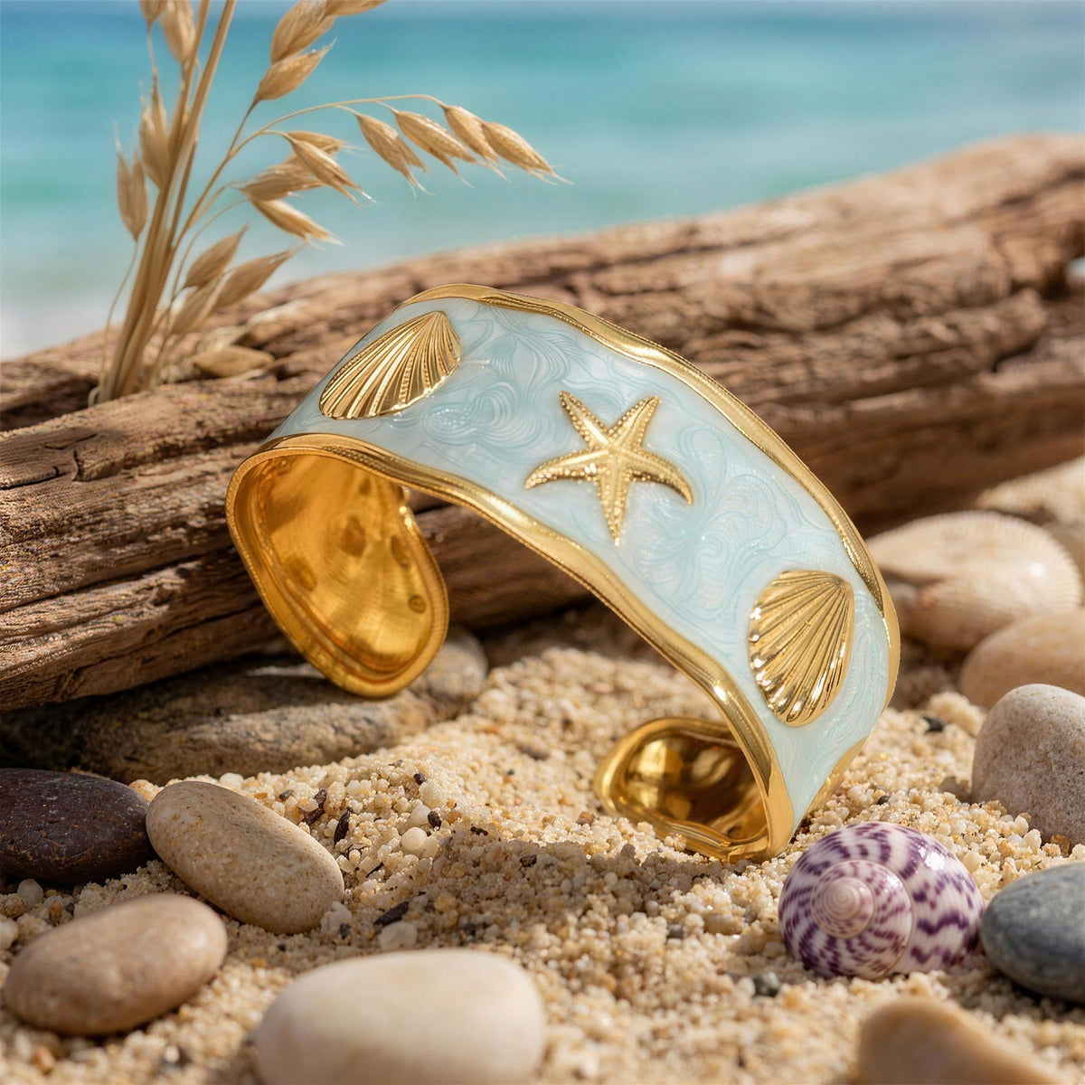 Starfish & Seashell Enamel Cuff – Sky Blue