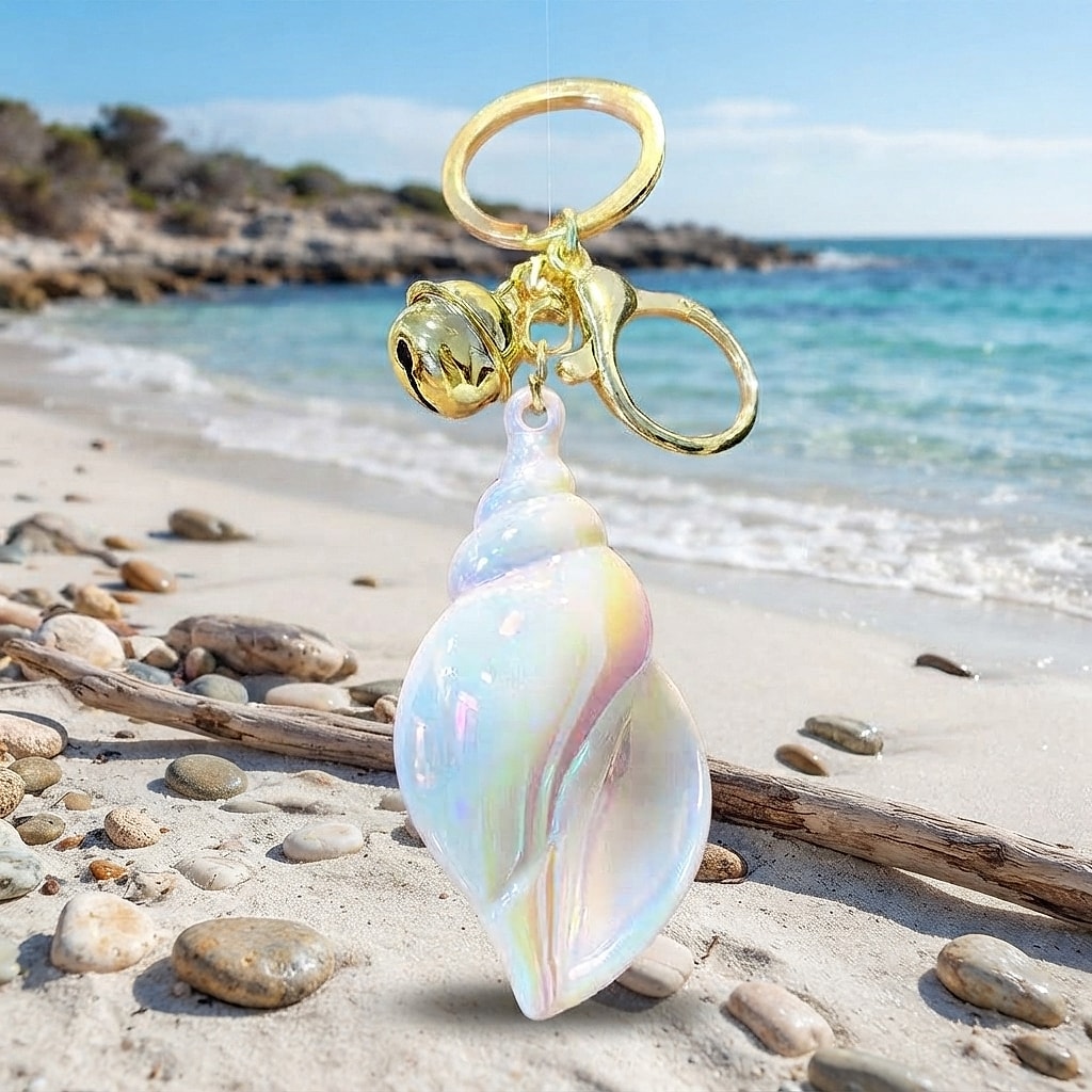 White pearl conch keychain on the shoreline