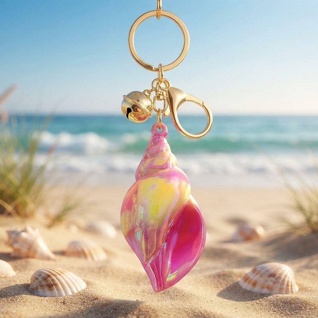 Pink marbled conch keychain on the shoreline