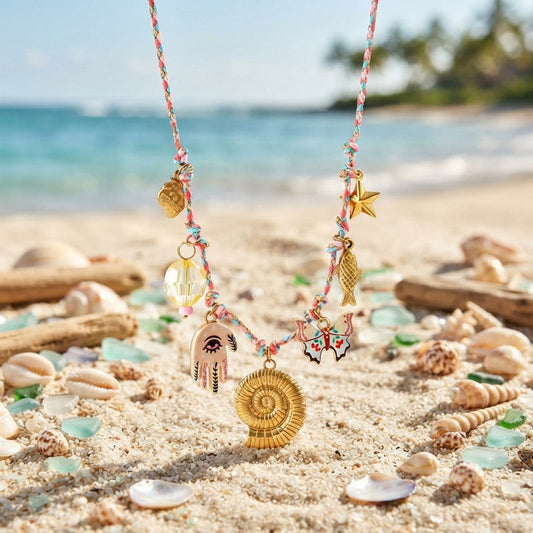 Pink and light blue evil eye multi-charm woven necklace