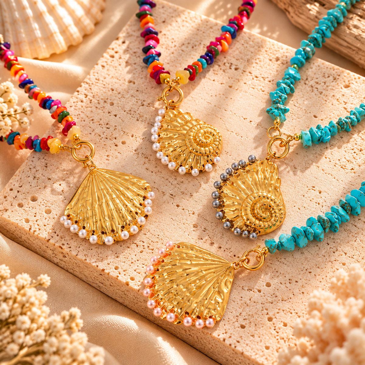 Turquoise Beaded Seashell Pendant Necklace