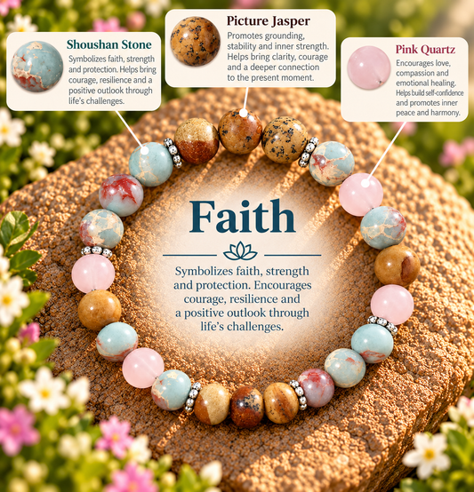 Faith – Natural Stone Intention Bracelet | Shoushan Stone, Picture Jasper & Pink Quartz