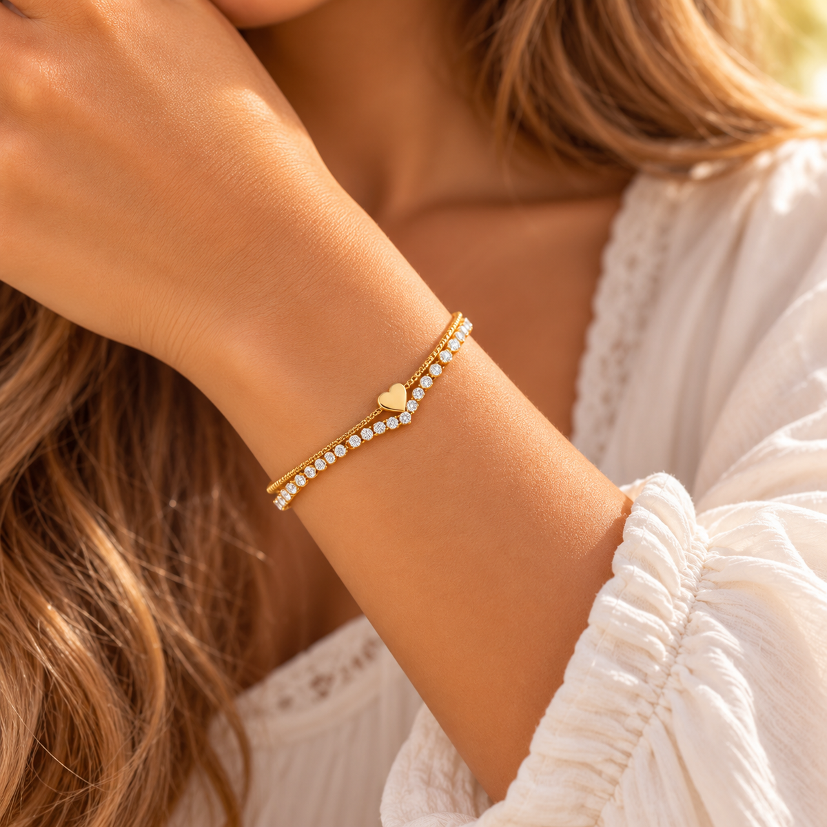 Sweetheart Sparkle Double Chain Bracelet – Gold