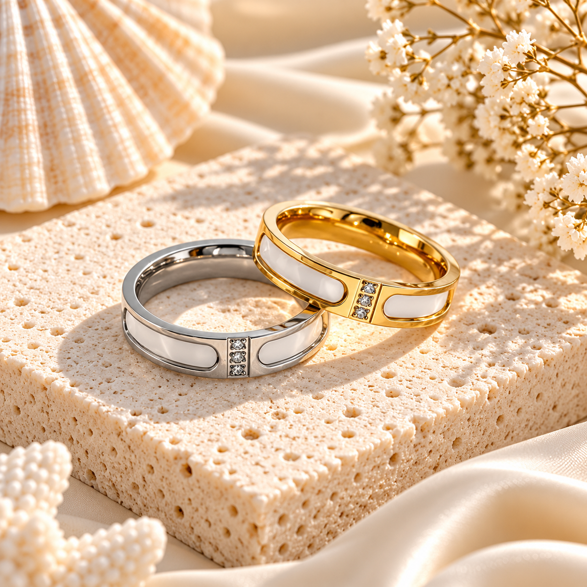 Shell Inspired Diamond Rings Luminous Shell & Sparkle Ring – Gold & Silver – Coral & Cove