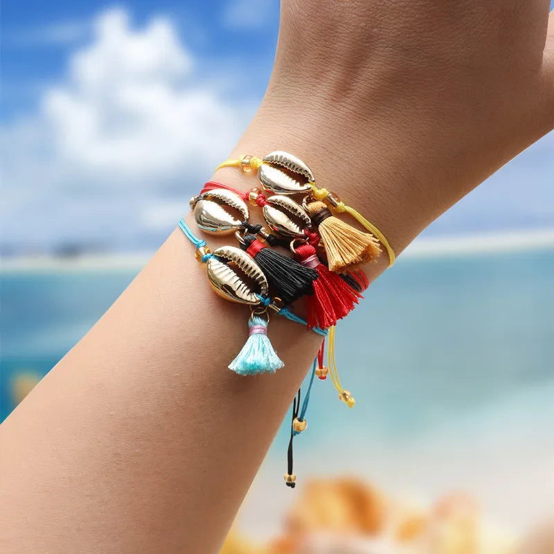 Coastal Cowrie Shell Tassel Bracelet – Coral & Cove