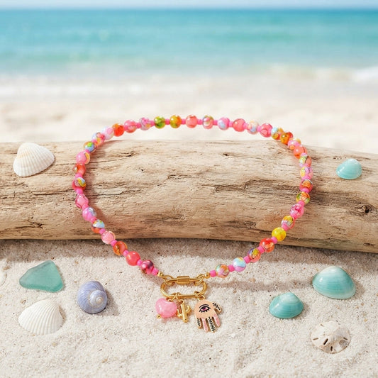 Multi-pink marbled evil eye necklace