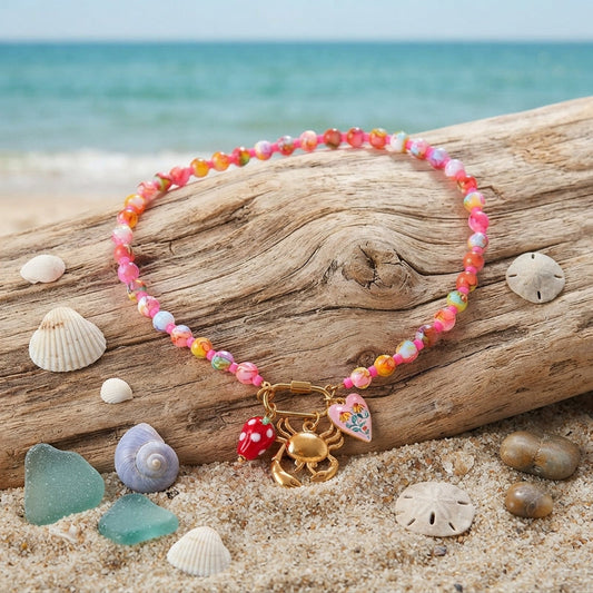 Multi-pink marbled floral and crab necklace