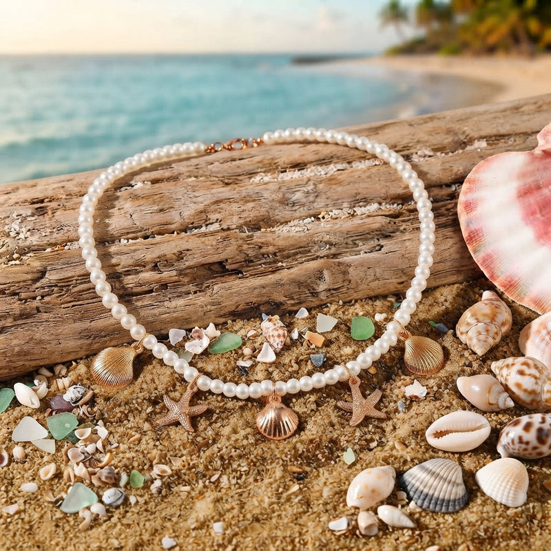Pearl beaded coastal charm necklace