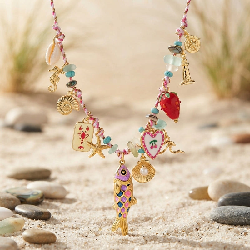 Pink and white koi multi-charm woven necklace