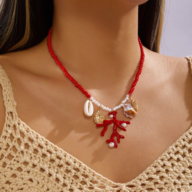 Red coral and shell choker