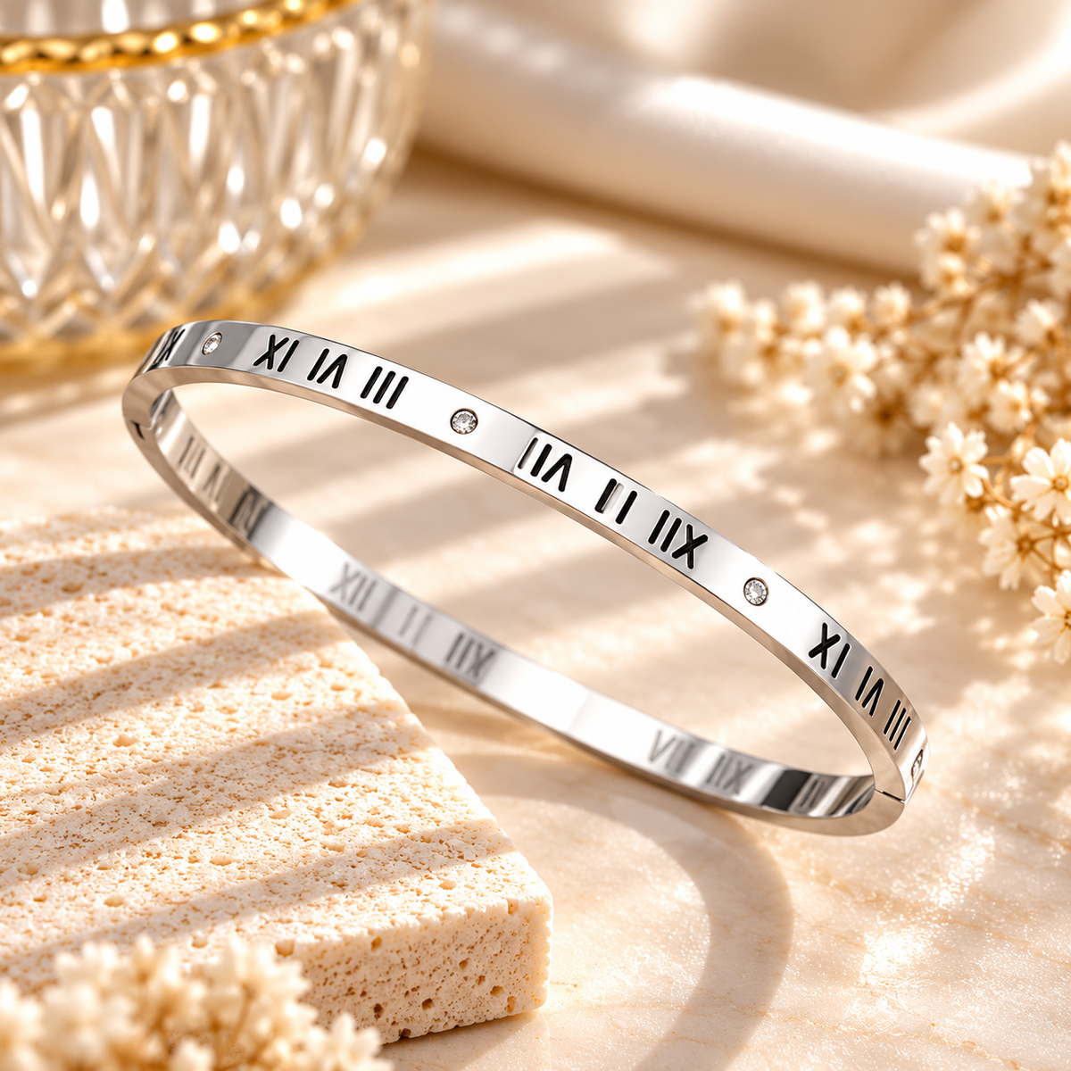 Timeless Roman Numeral Bangle – Silver