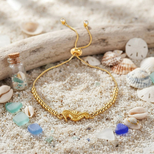 Gold seahorse beaded adjustable bracelet