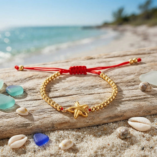 Red and gold starfish bead braided bracelet