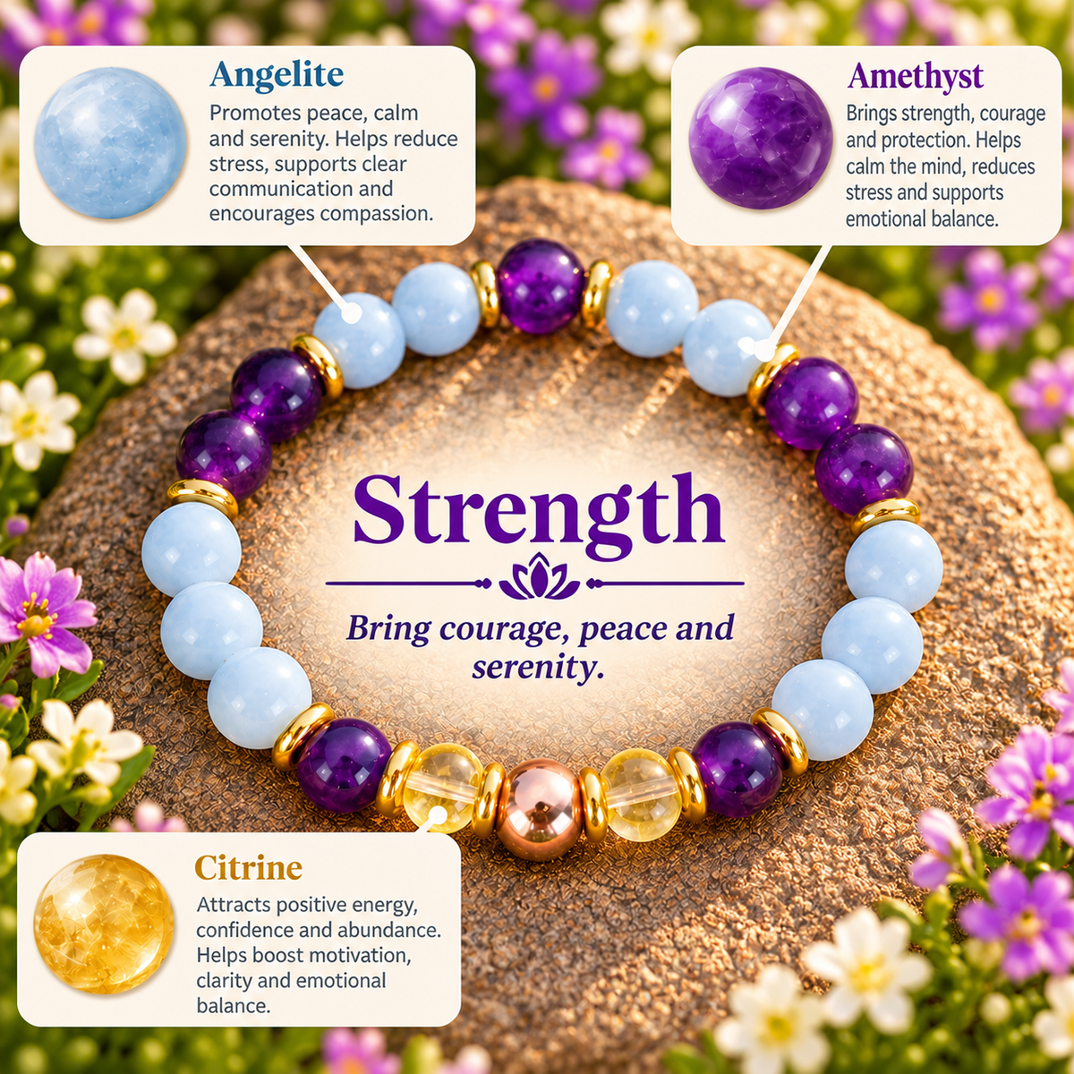 Strength – Angelite, Amethyst & Citrine Natural Stone Bracelet