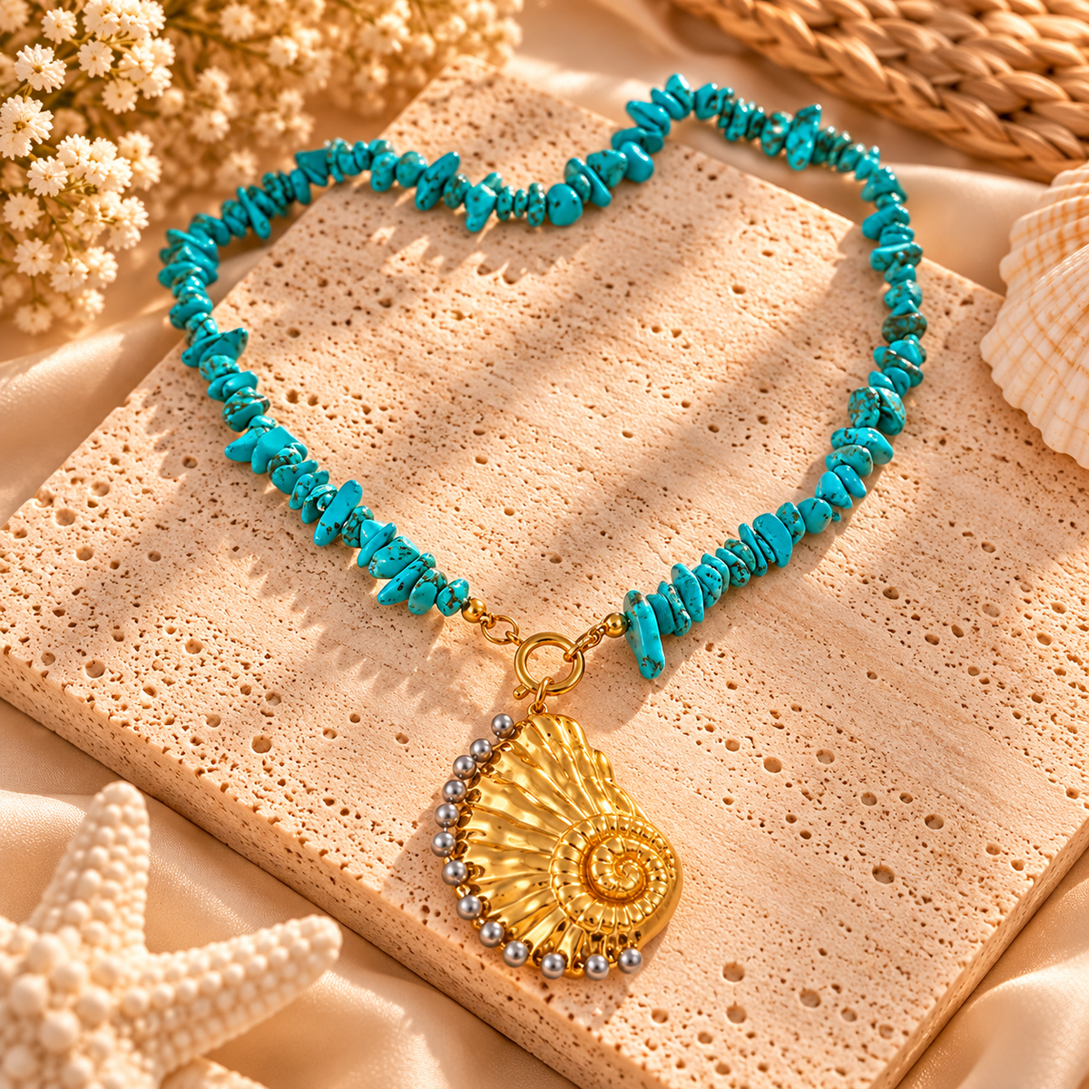 Turquoise Beaded Seashell Pendant Necklace