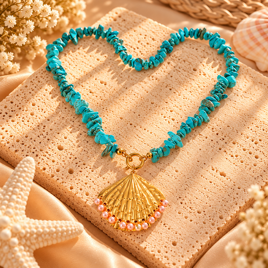 Turquoise Beaded Seashell Pendant Necklace