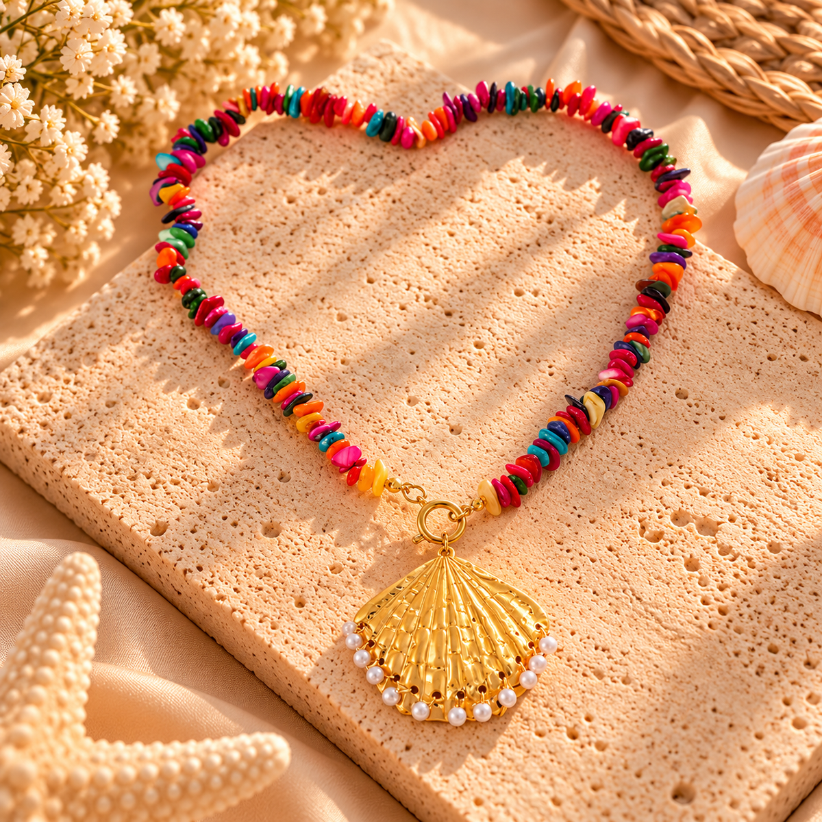 Turquoise Beaded Seashell Pendant Necklace