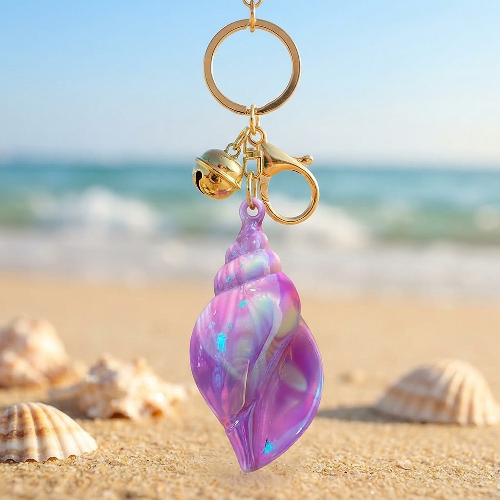 Purple marbled conch keychain in the sand at the beach