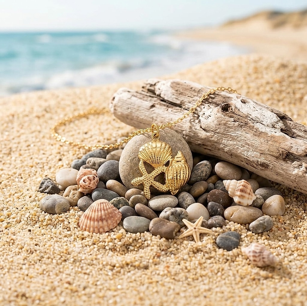 Gold starfish, seashell and clam pendant necklace on driftwood and shells