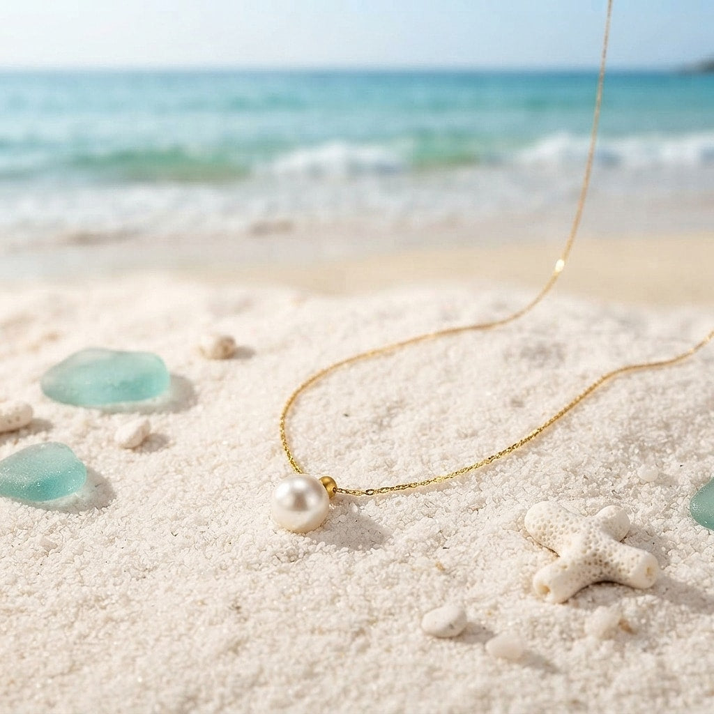Small single pearl necklace on a hammered gold chain laid on sand