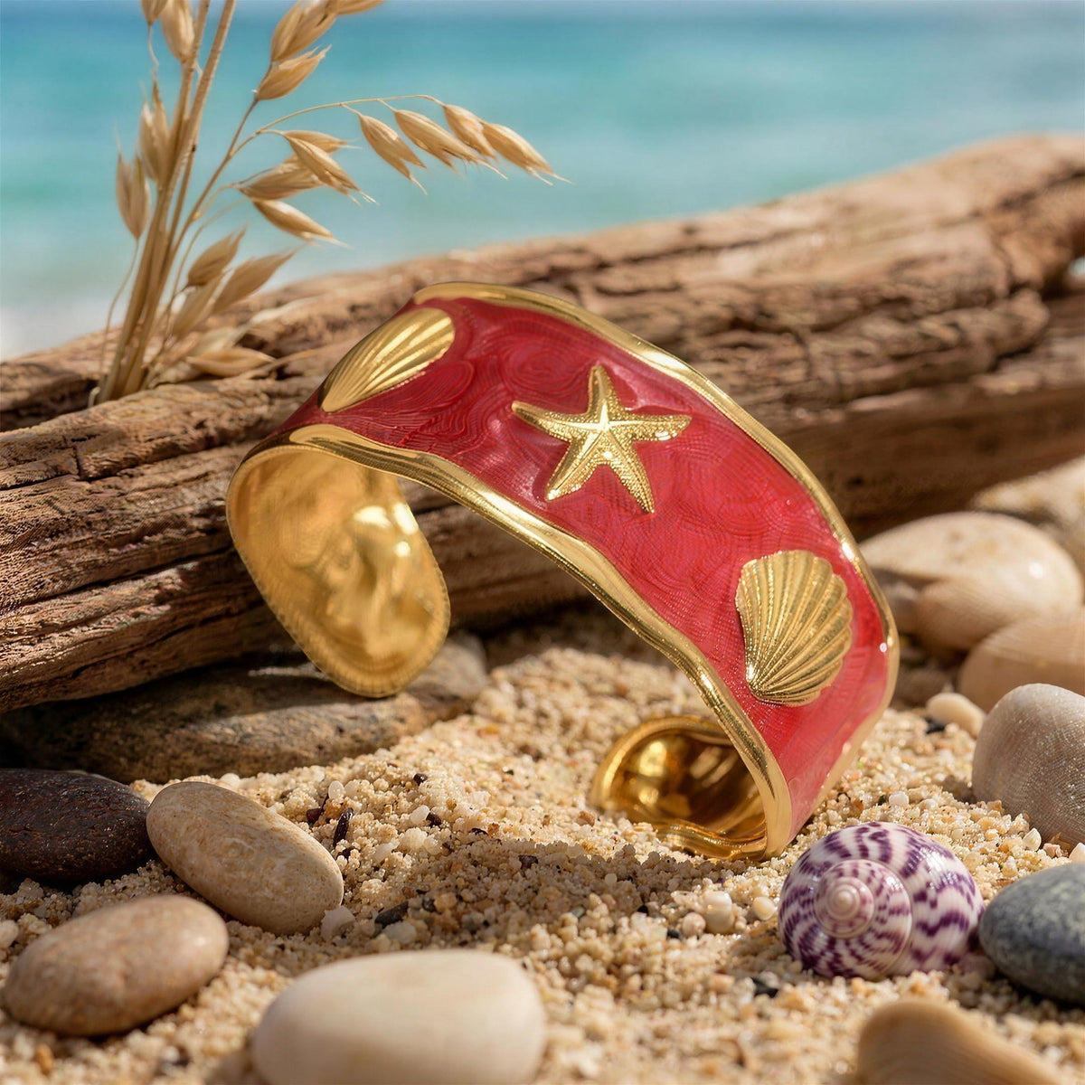 Starfish & Seashell Enamel Cuff – Red