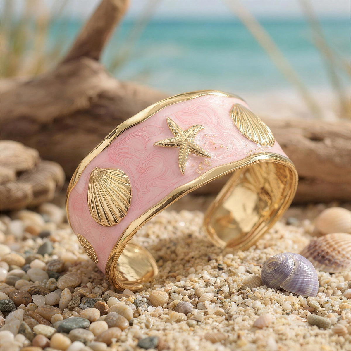 Starfish & Seashell Enamel Cuff – Pink