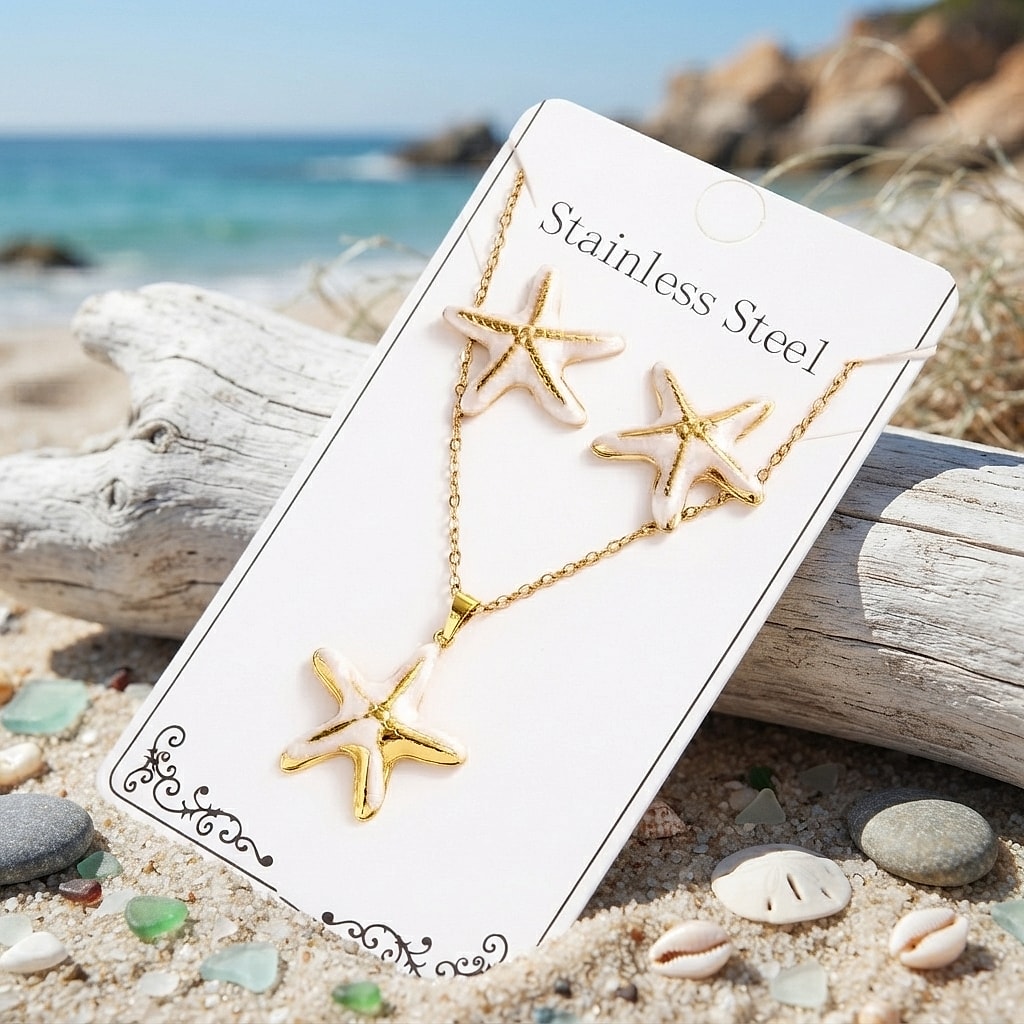Gold starfish earrings and necklace set on a card by the sea
