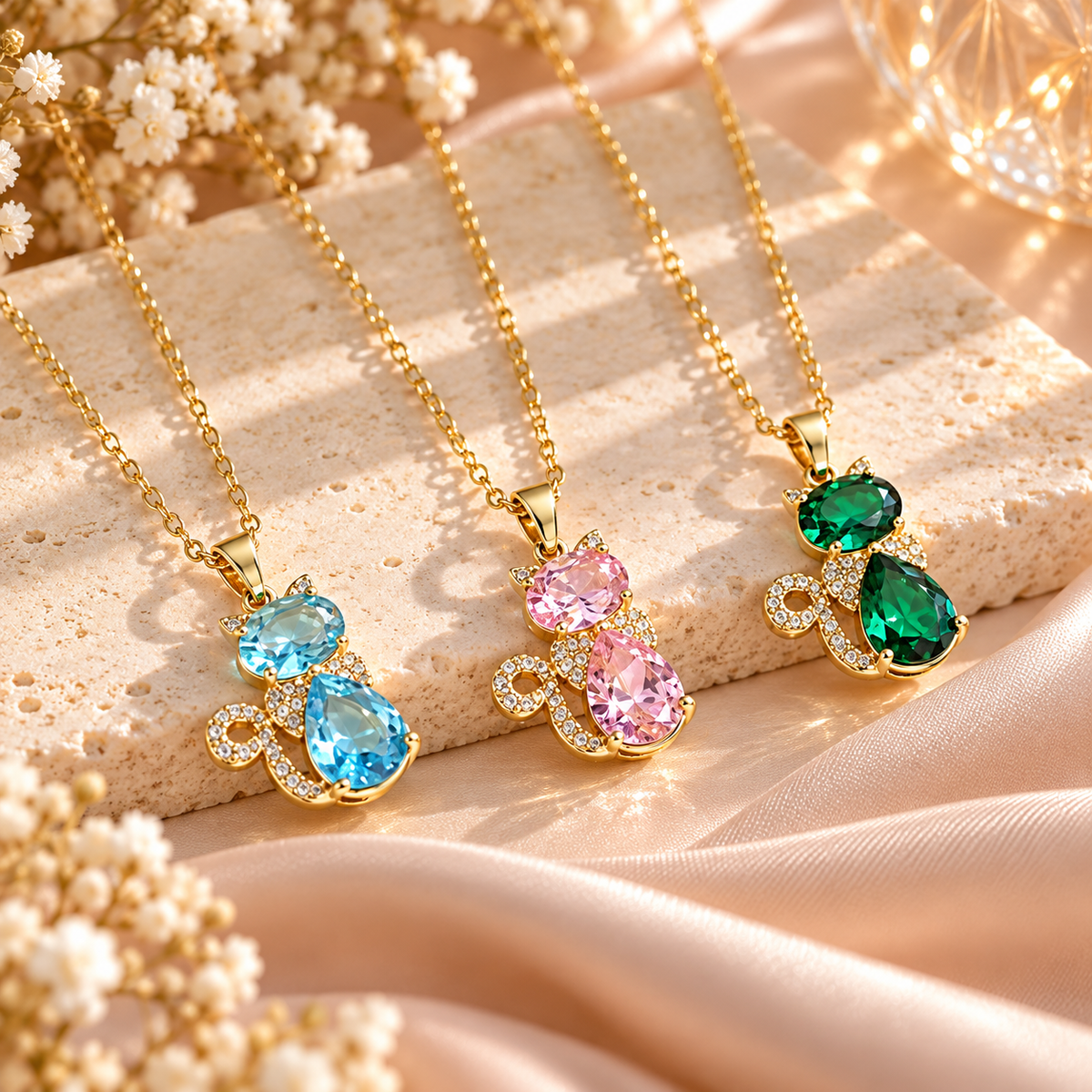 Colorful Crystal Cat Pendant Necklace
